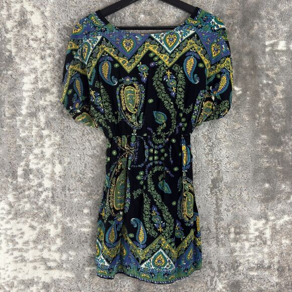 Angie Sz S Boho Paisley Artsy V Neck Whimsigoth Tunic Top Short Sleeve Colorful - Picture 3 of 7